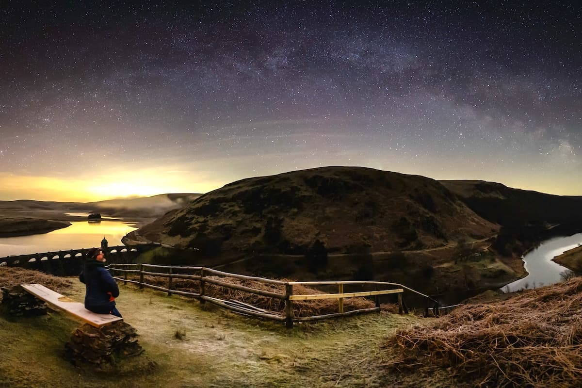 Stars over mountains and reservoirs of the Elan Valley